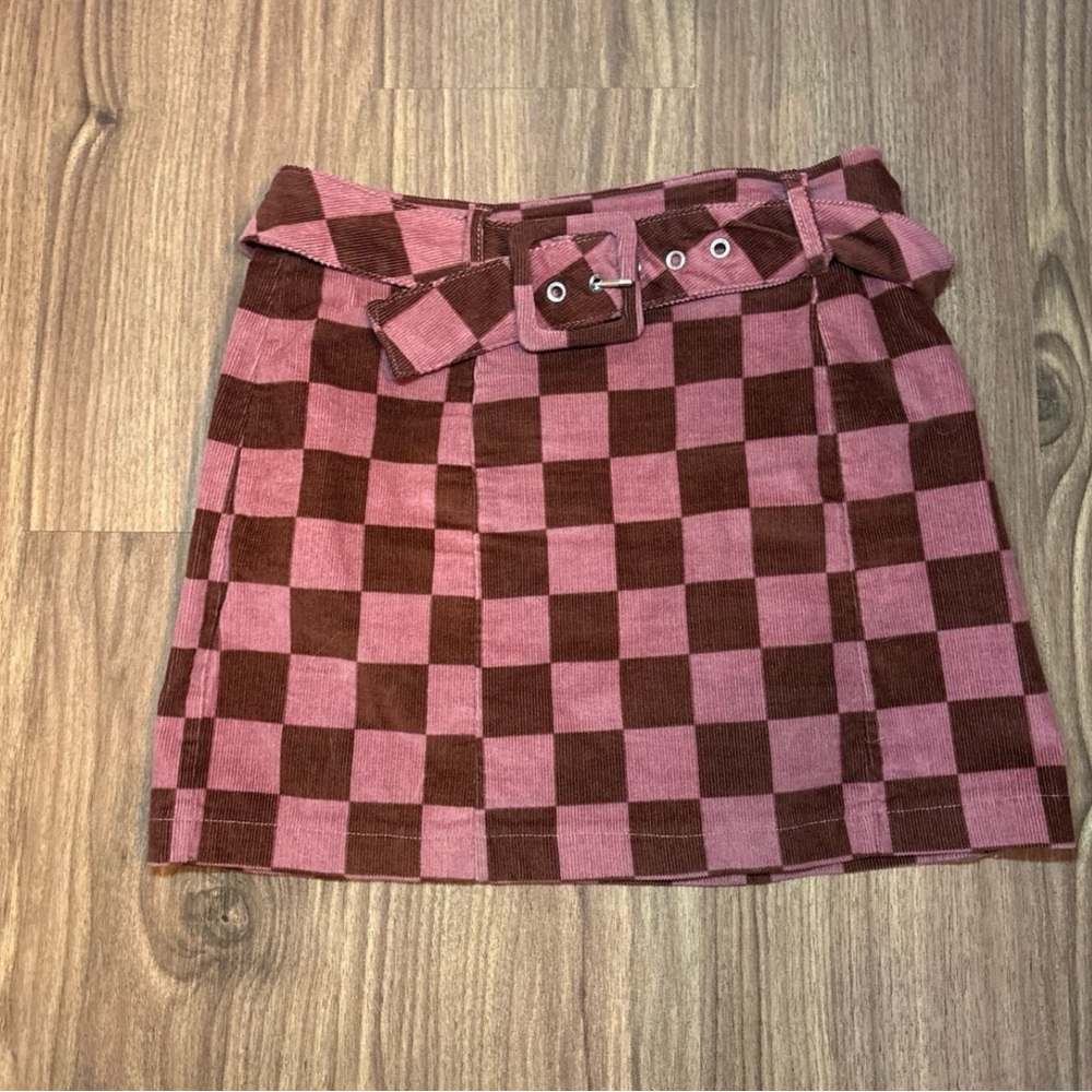 Wild Fable Womens Mini Skirt Check Red Pink Corduroy Belted Cotton Size 4